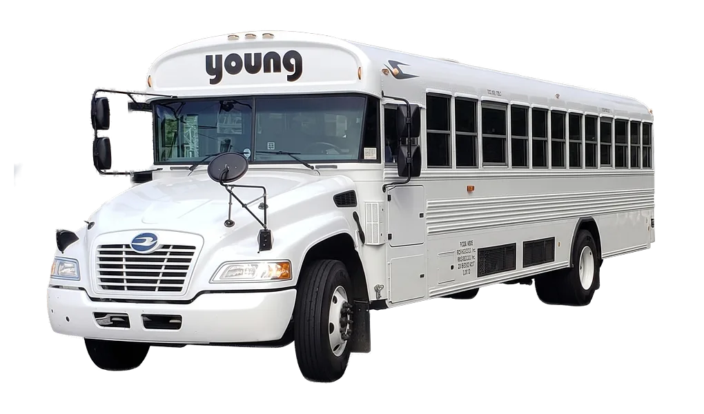 Young Transportation 44-passenger Blue Bird activity bus, front three-quarter view