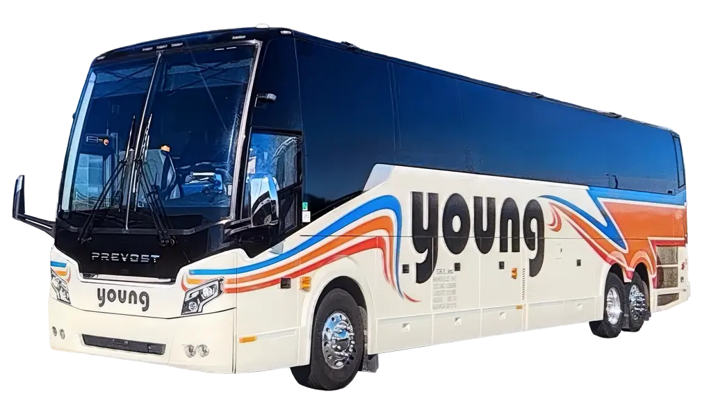 Young Transportation 56-passenger motorcoach, front three-quarter view