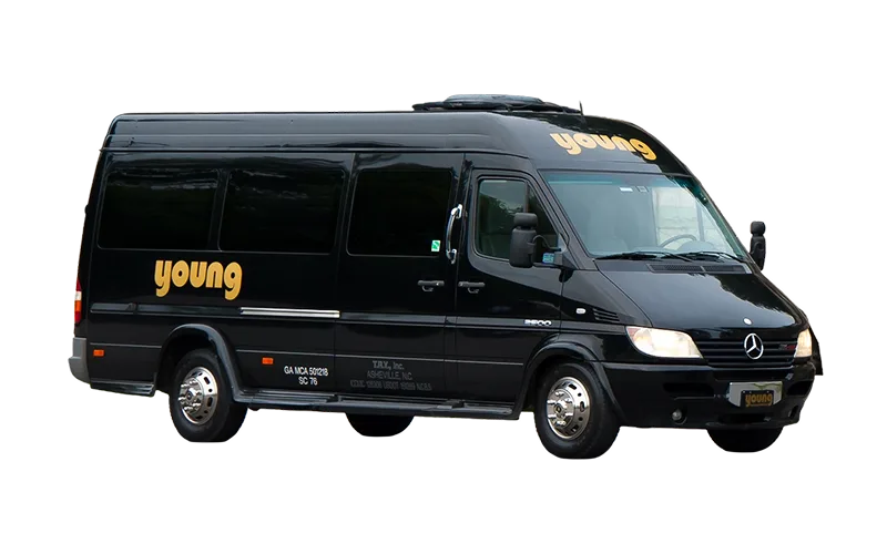 Young Transportation black Mercedes Sprinter van with gold Young branding