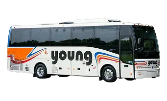 Young Transportation motorcoach with branded livery featuring orange, blue, and red stripes