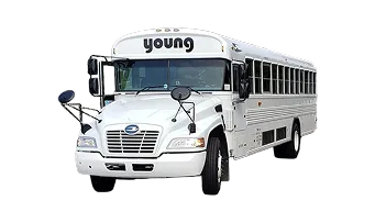 Young Transportation white school-style motorcoach with Young branding on the front