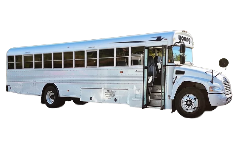 Young Transportation motorcoach with open door, shown in white with Young branding on the front