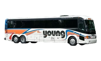 Young Transportation motorcoach with branded livery featuring orange and blue graphics on white exterior