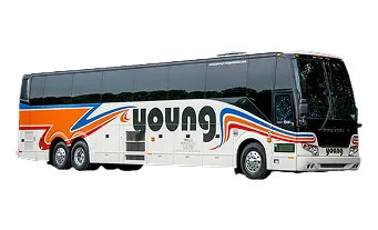 Young Transportation motorcoach with branded livery featuring orange and blue striping