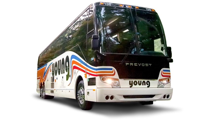 Young Transportation Prevost motorcoach with colorful stripe livery
