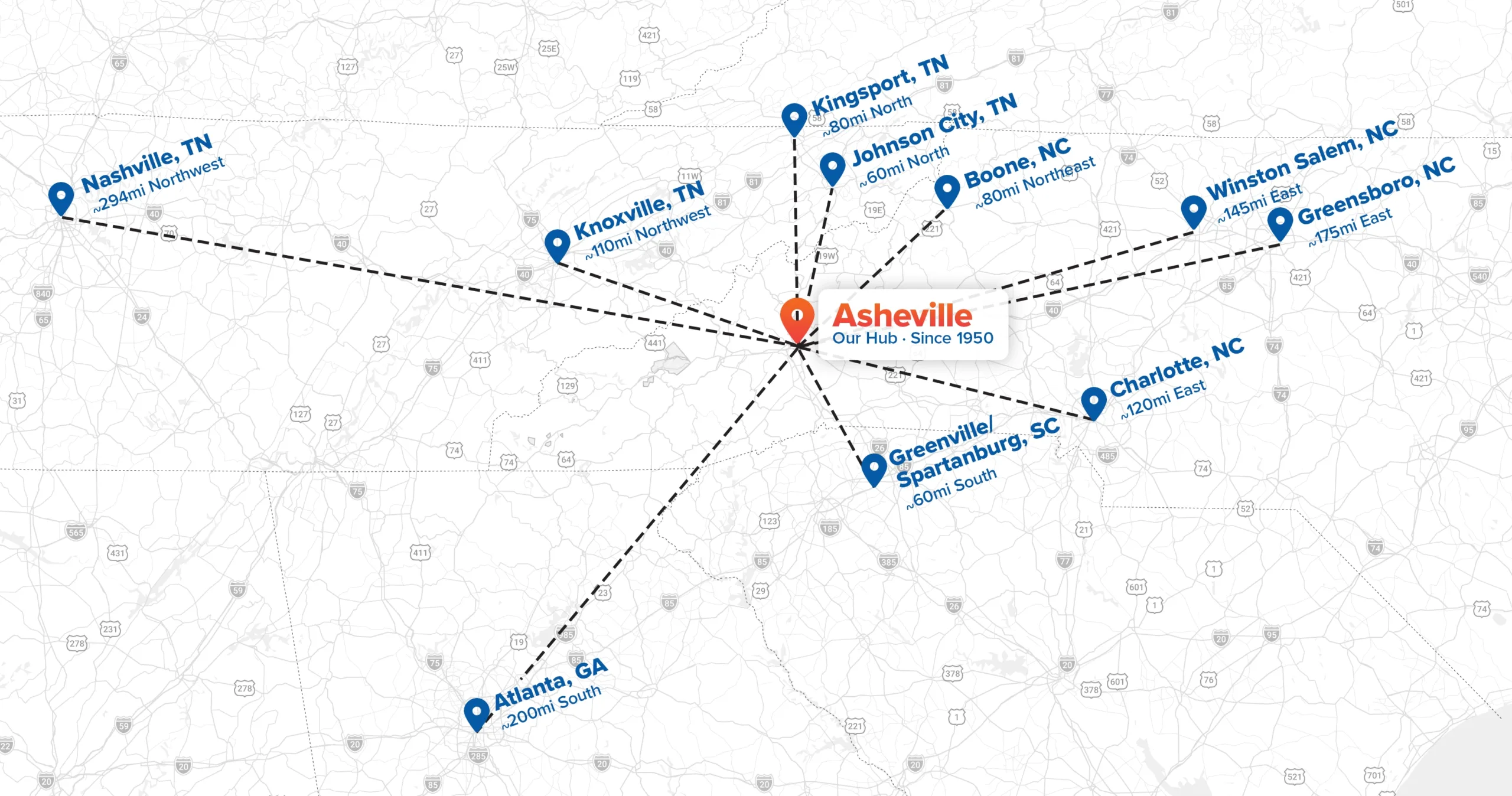 Map showing Asheville, NC as hub since 1950, with charter routes to cities including Knoxville, Charlotte, Atlanta, and Greensboro