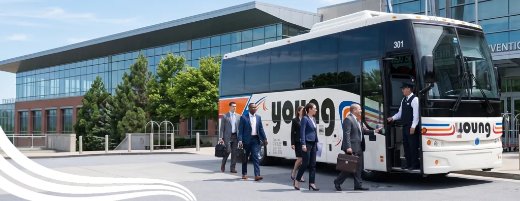 Young Transportation driver greeting corporate travelers boarding a motorcoach outside a convention center