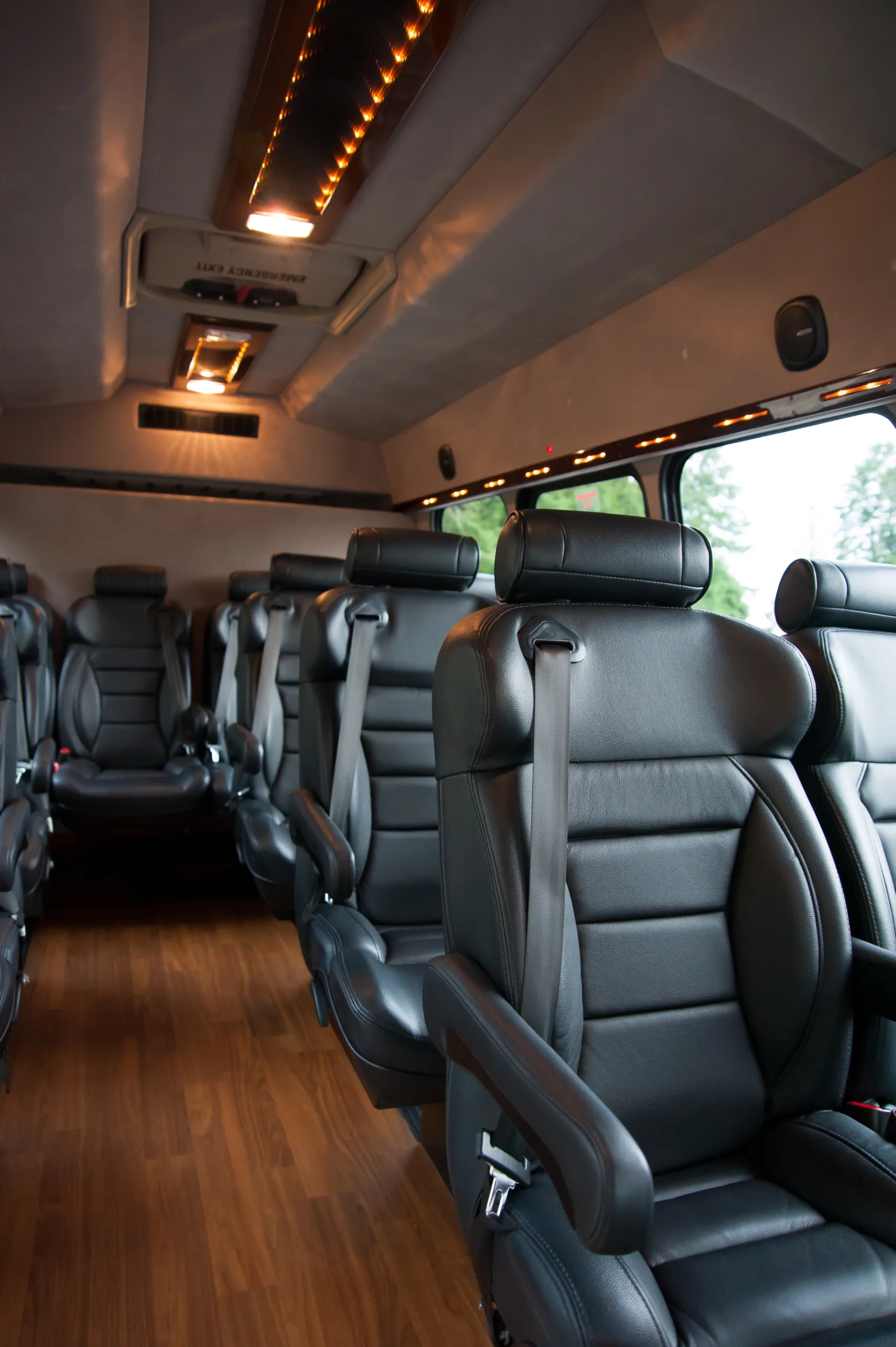 Motorcoach interior with rows of black leather seats, seatbelts, hardwood flooring, and overhead accent lighting