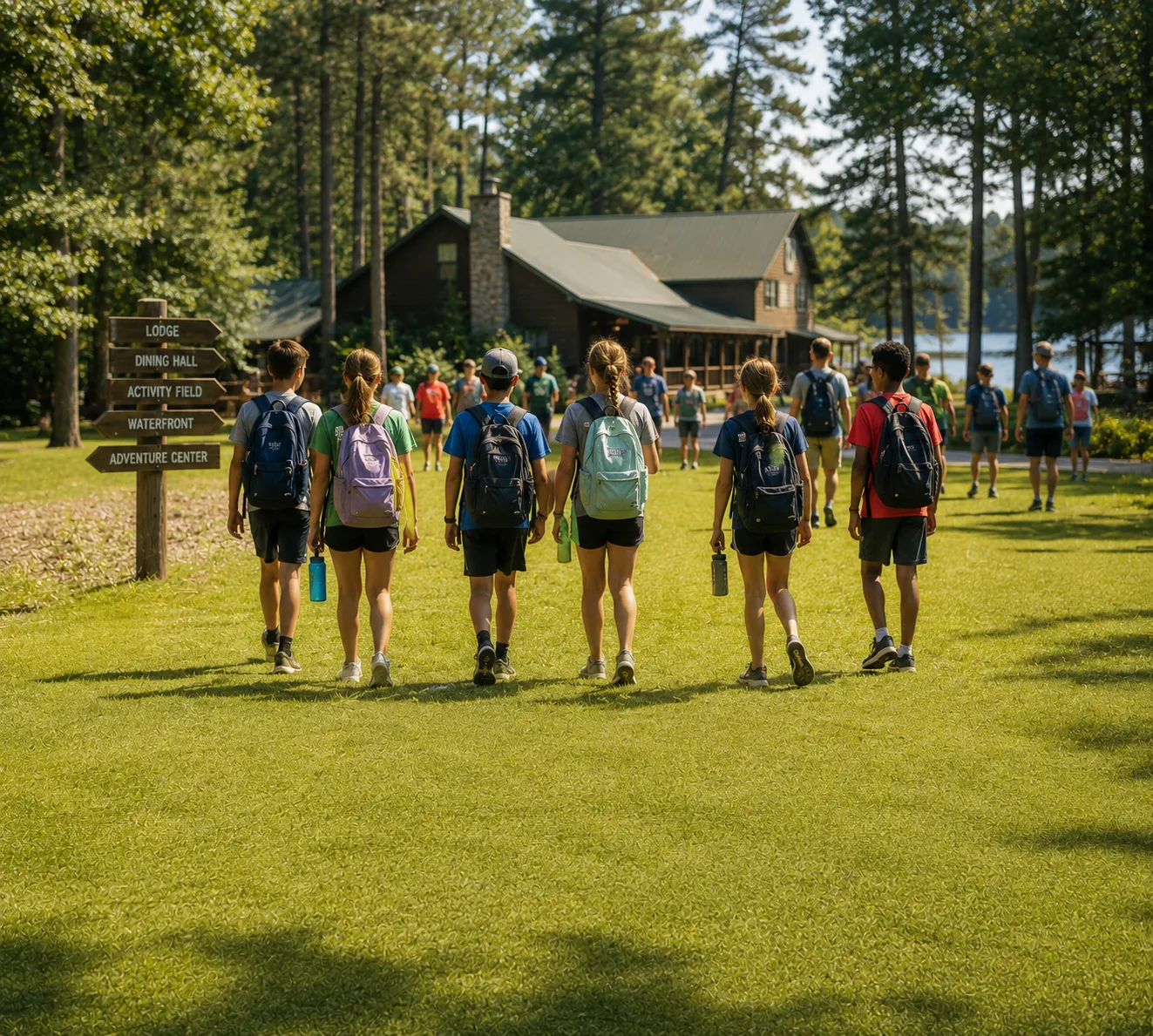 Youth campers with backpacks walking toward a lakeside lodge, passing a directional sign for camp facilities