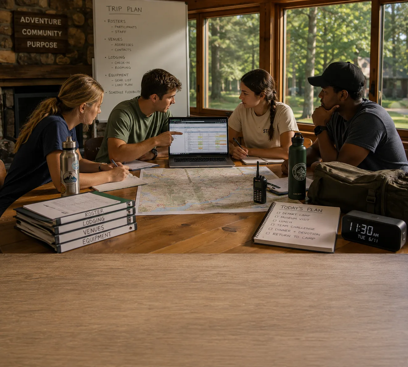 Camp staff planning a group trip around a table with maps, binders, and a laptop in a lodge setting