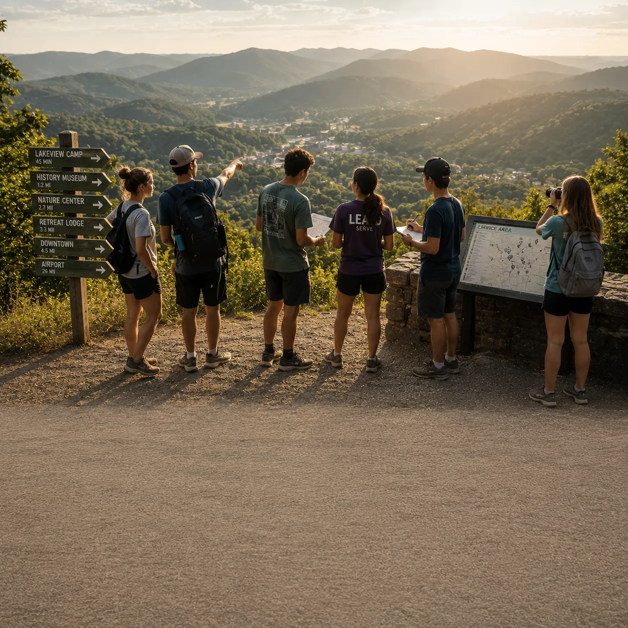 Tour group at a mountain overlook reading trail signs and a map board with rolling hills at sunset