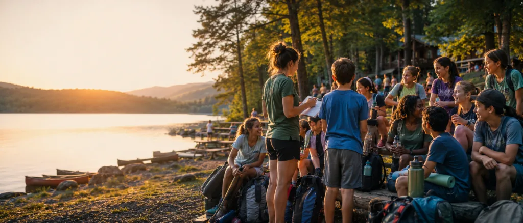 Youth group gathered at a lakeside camp at sunset, with a counselor addressing campers with backpacks and gear