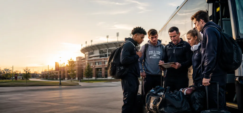 College athletics team with gear boarding a motorcoach outside a stadium at sunrise