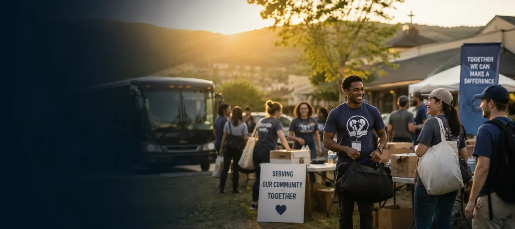 Volunteers gathered at a community service event with a motorcoach parked nearby and a sign reading Serving Our Community Together