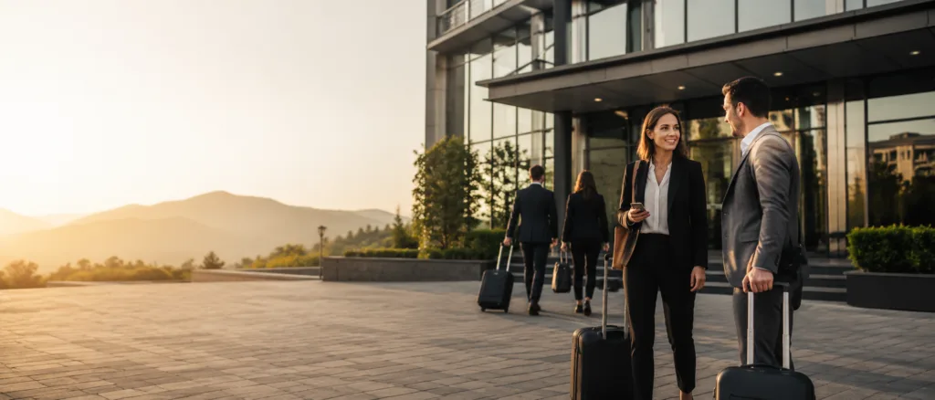 Business travelers with luggage arriving at a corporate building at sunset