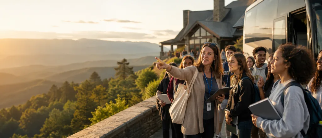 Tour guide pointing out mountain views to a student group beside a motorcoach at a scenic overlook