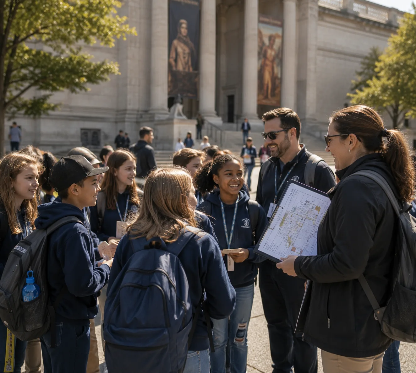 Students gather with chaperones outside a museum entrance during a school field trip