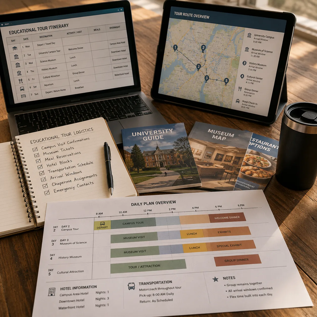 Educational tour planning materials including itinerary, route map, logistics checklist, and daily schedule spread across a desk