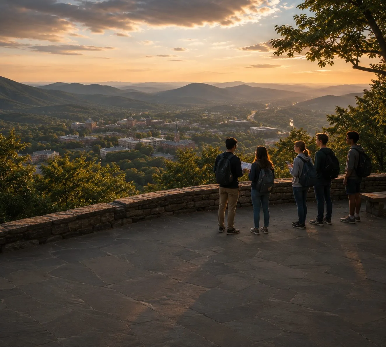 Tour group of students at a scenic overlook viewing a valley town and rolling hills at sunset