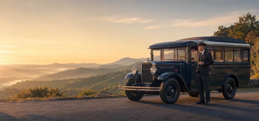 Uniformed driver standing beside a vintage motorcoach at a scenic mountain overlook at sunrise