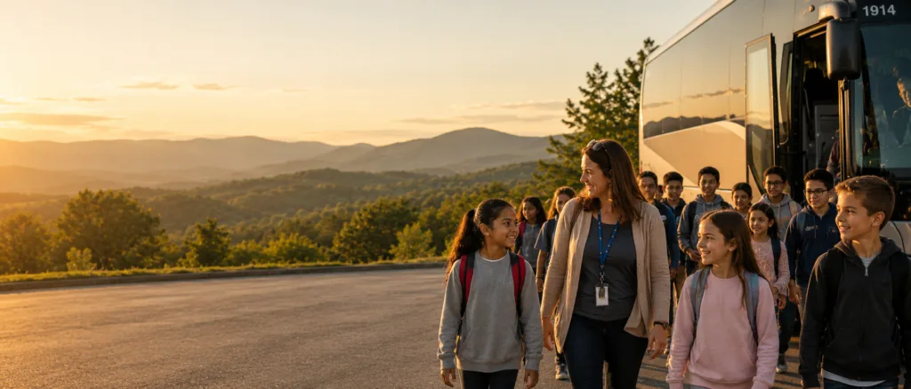 Teacher and students with backpacks walking off a motorcoach at a mountain overlook during sunset