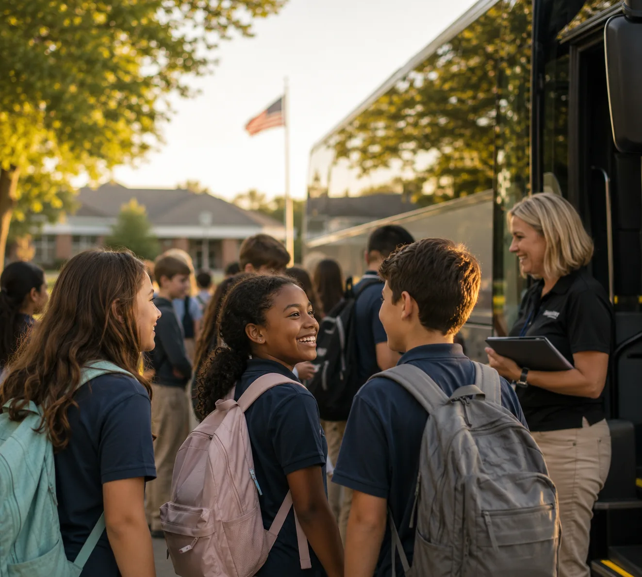 Students with backpacks boarding a charter motorcoach for a school field trip, greeted by a chaperone