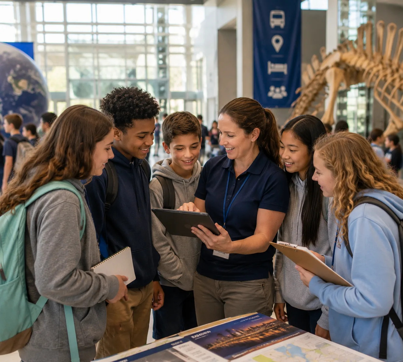 Teacher and students gathered around a tablet on a school field trip inside a natural history museum