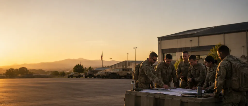 Military personnel reviewing documents at an outdoor table on a base at sunrise