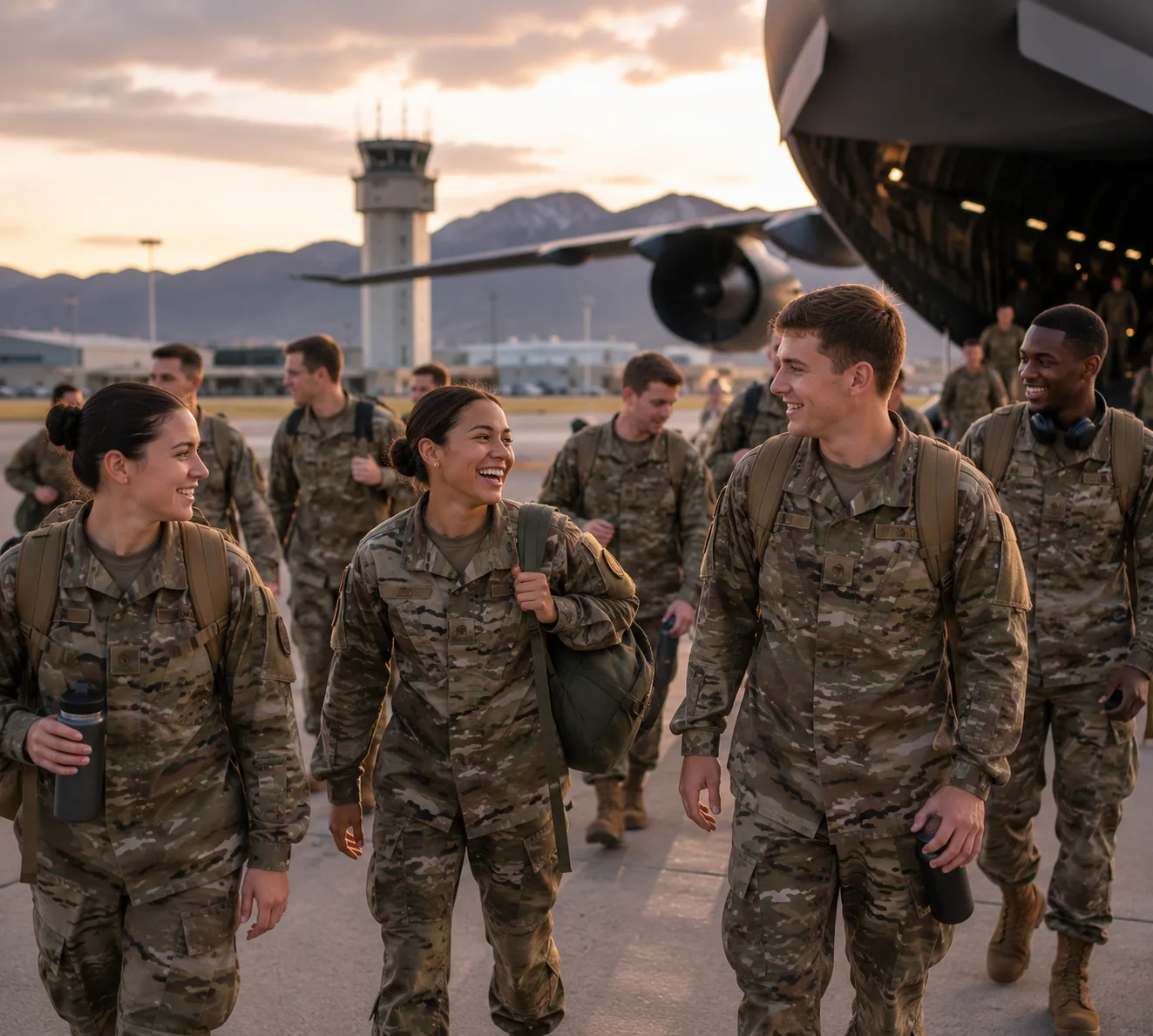 Smiling military personnel in camouflage walking across an airfield tarmac after deplaning at sunset
