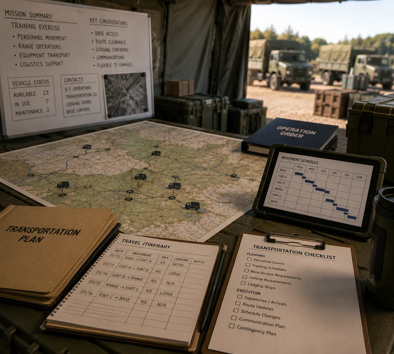 Military transport planning setup with mission summary whiteboard, route map, travel itinerary, and transportation checklist