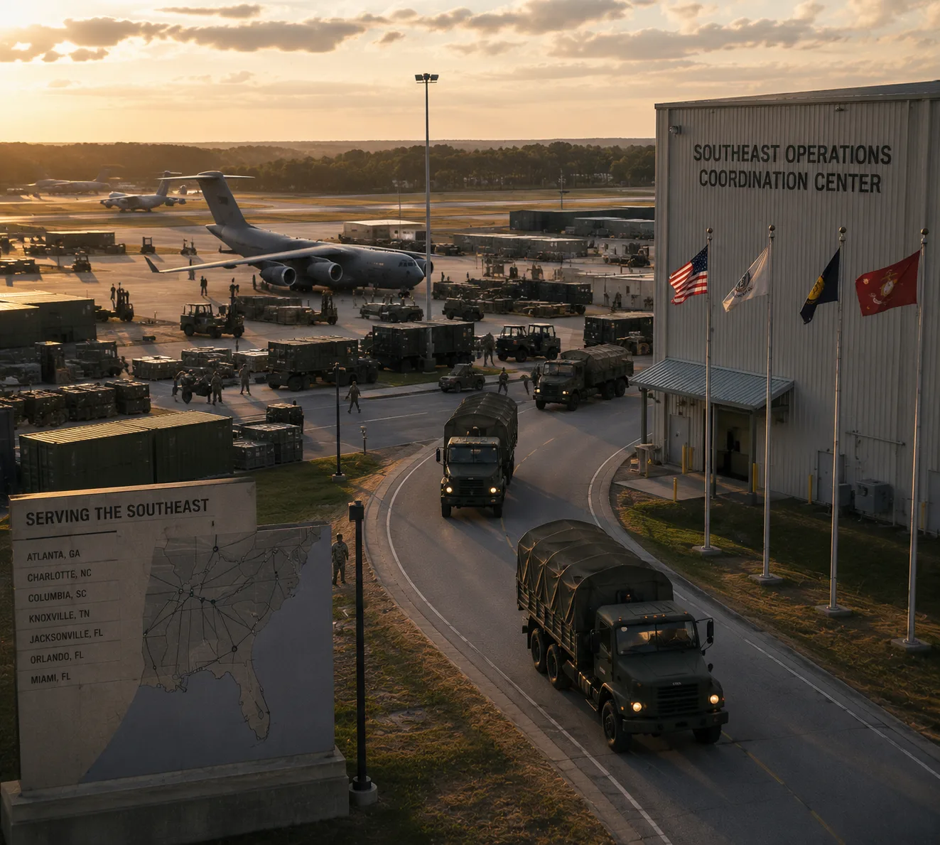 Military trucks and personnel at a Southeast Operations Coordination Center airfield at dusk