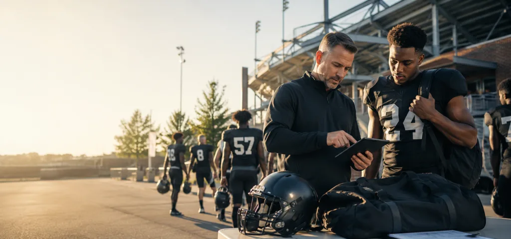 Football coach reviews tablet with a player on the sideline as teammates walk across the stadium track