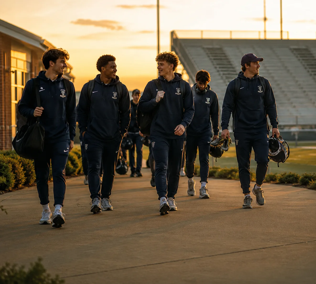 College athletes in matching navy gear walking together outside a stadium at sunset, carrying bags and equipment