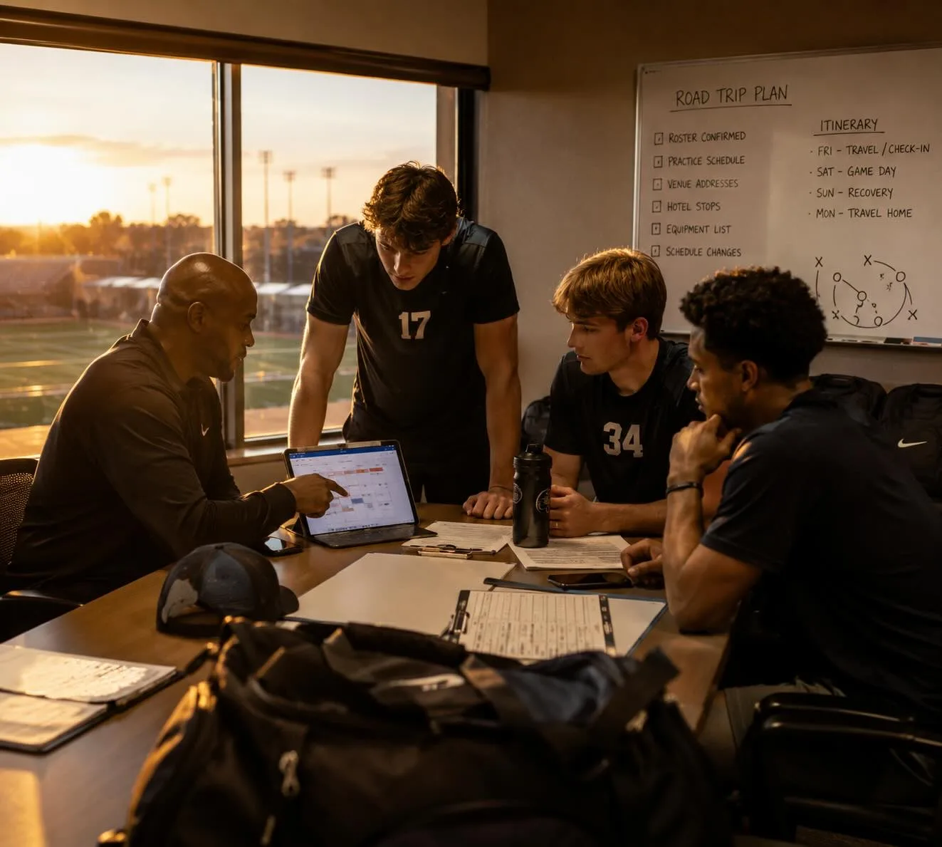 Coach and three athletes review a road trip travel plan and itinerary on a whiteboard before team travel