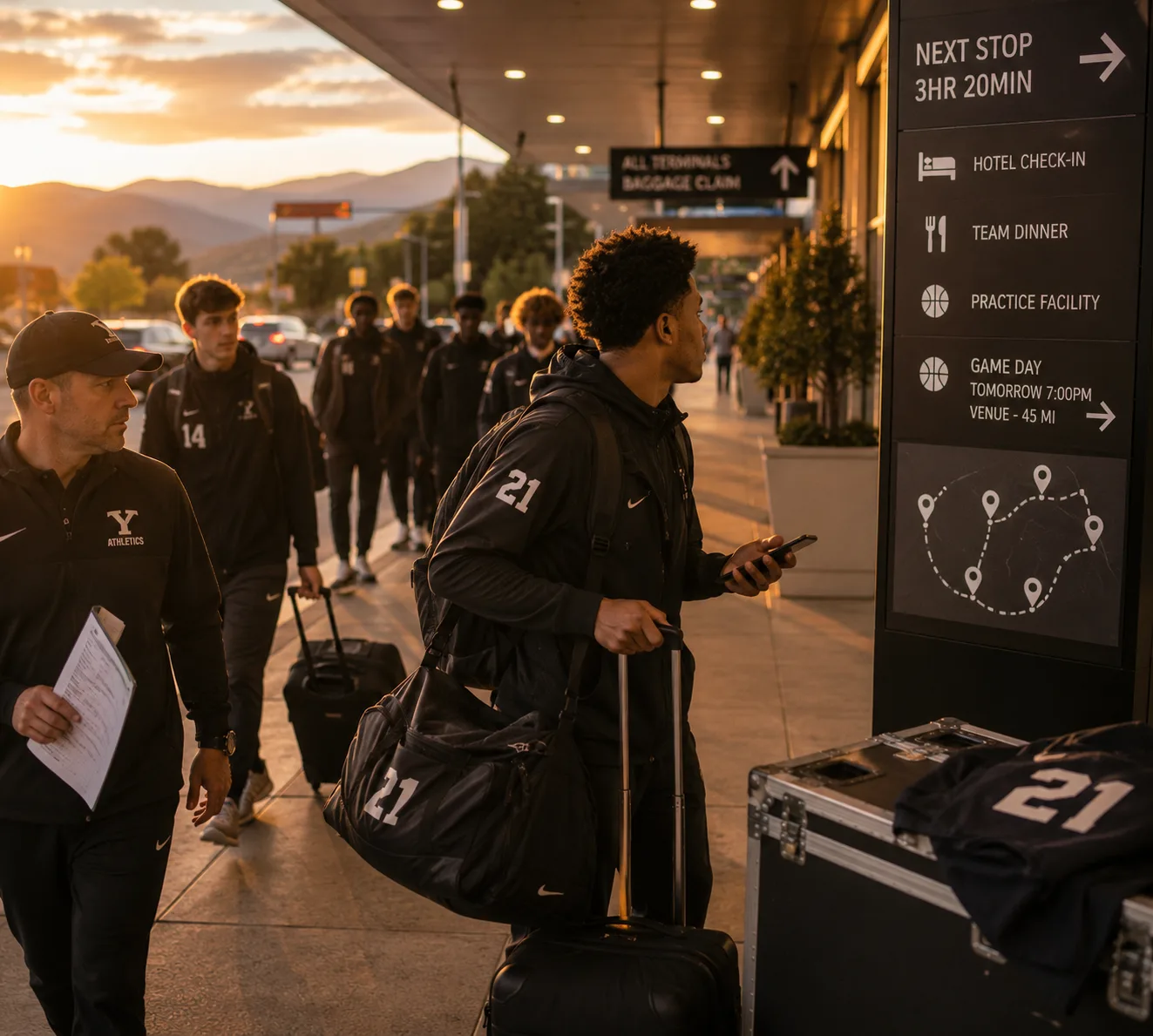 Basketball team with luggage arriving at an airport, reviewing a travel itinerary sign showing hotel check-in, team dinner, and game day schedule