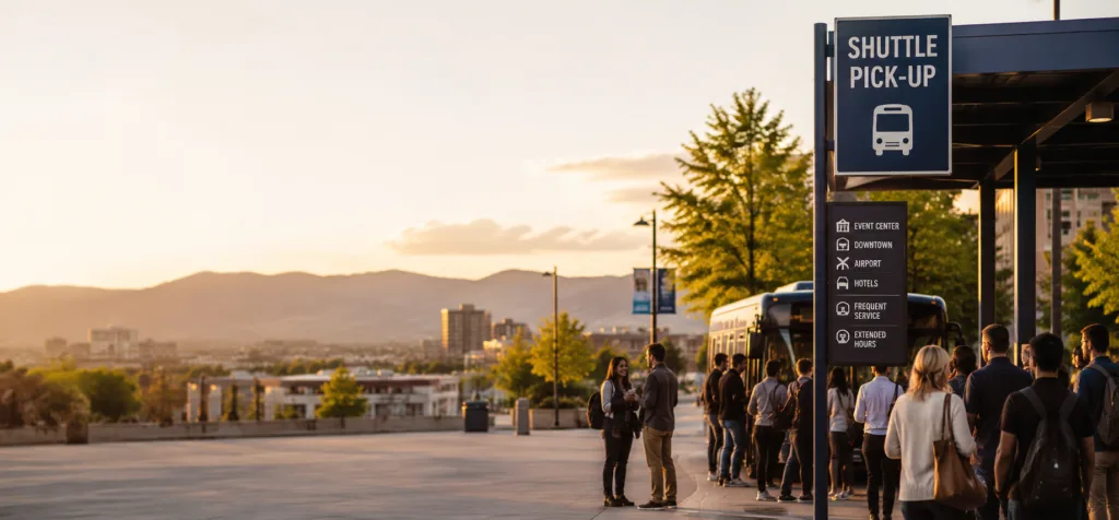 Passengers boarding a motorcoach at a shuttle pick-up stop serving an event center, downtown, airport, and hotels