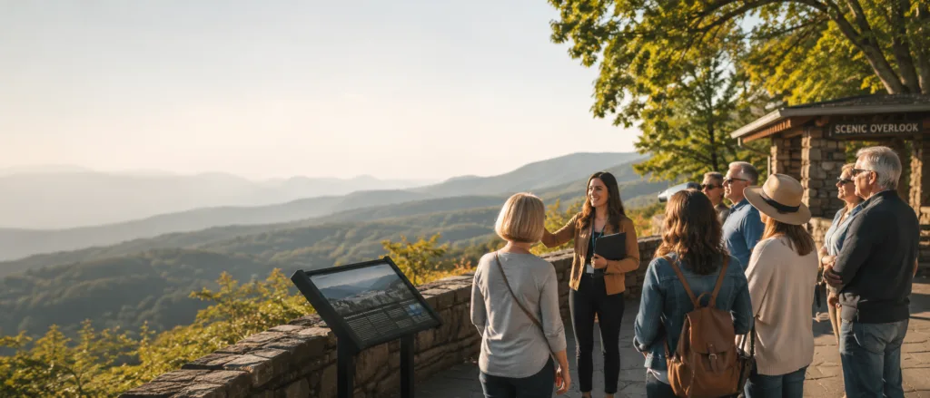 Tour guide leading a group at a mountain scenic overlook with sweeping forested valley views