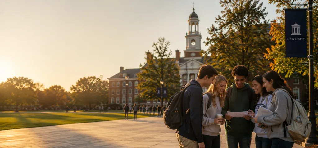 College students gathered on a university campus walkway at sunset, reviewing a map together