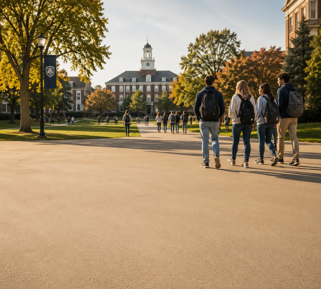 Students with backpacks walking across a college campus toward a brick building with a clock tower in autumn