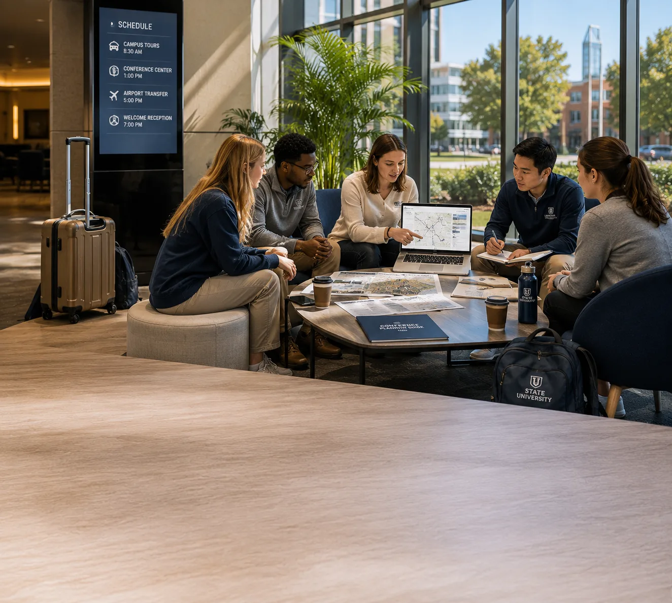 University group planning campus tours and charter travel in a lobby, with a schedule board showing transport times