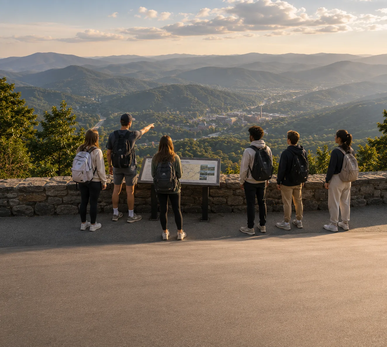 Tour group with backpacks at a mountain overlook, viewing a valley landscape at golden hour