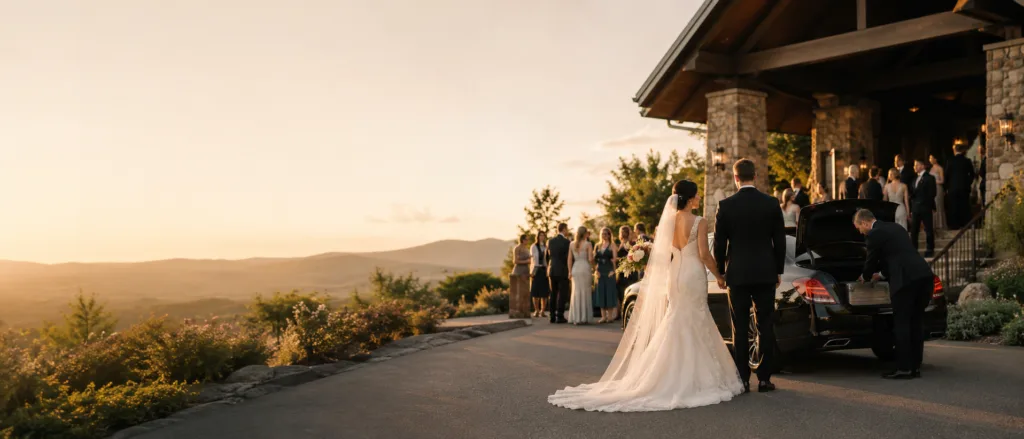 Bride and groom arriving at a hilltop wedding venue at sunset, greeted by a driver at a luxury sedan