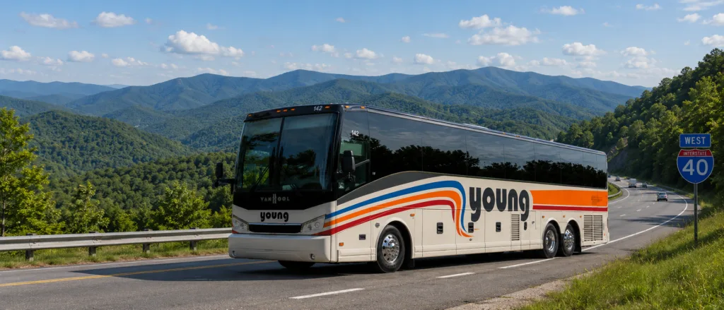 Young Transportation motorcoach traveling westbound on Interstate 40 through the Blue Ridge Mountains