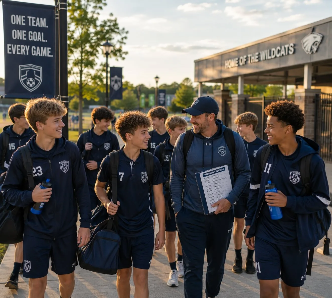 Youth soccer team and coach walking outside a Wildcats stadium before a tournament