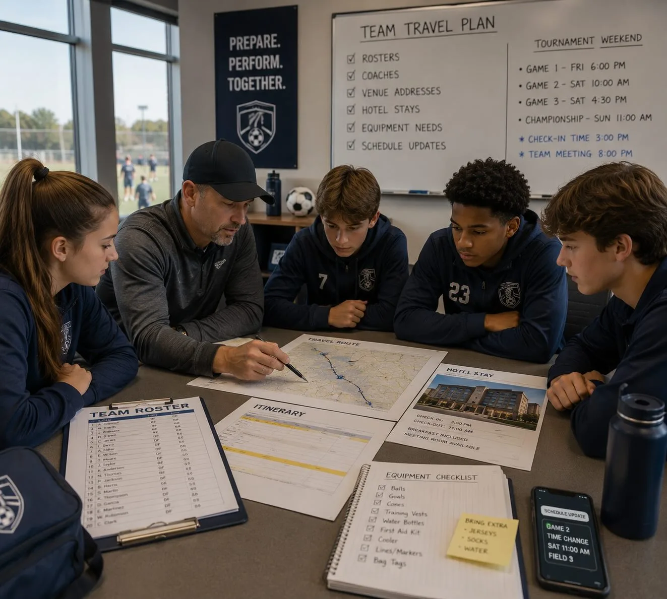Coach and youth soccer players reviewing a team travel plan, itinerary, and roster before a tournament weekend