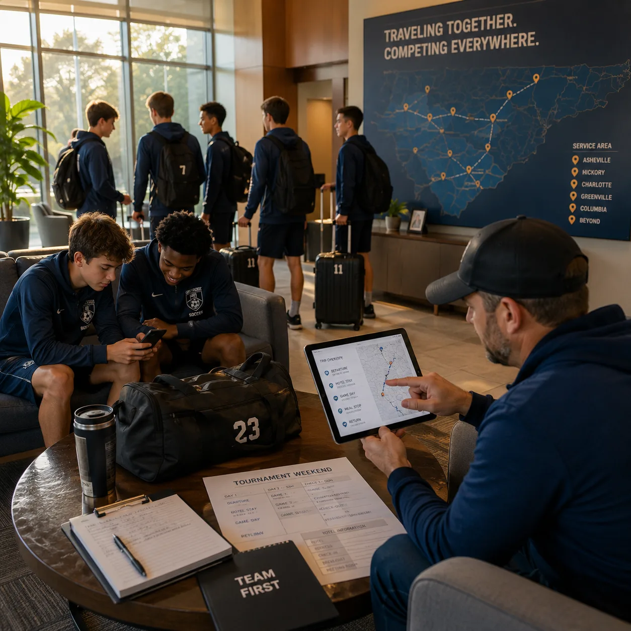 Soccer team and coach reviewing tournament weekend travel itinerary in a hotel lobby before departure