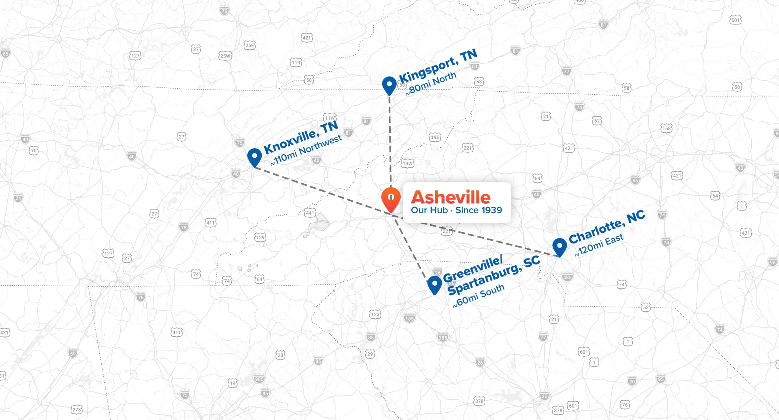 Map of corporate travel routes from Young Transportation's Asheville hub