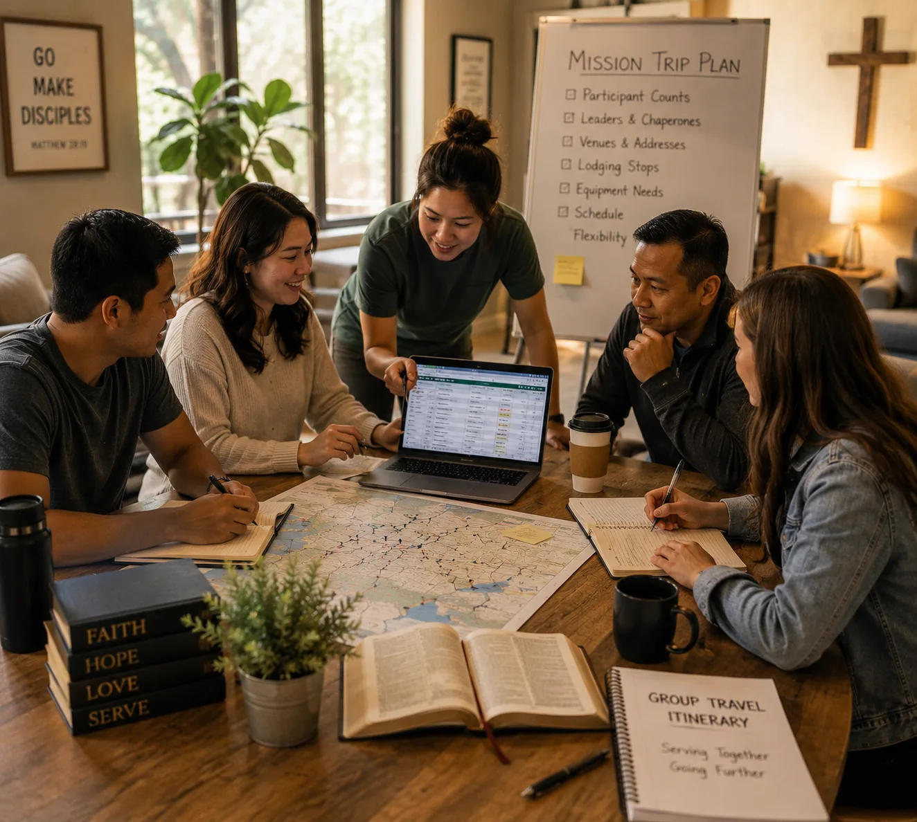 Church group planning a mission trip, reviewing a map and itinerary with a Mission Trip Plan checklist on a whiteboard