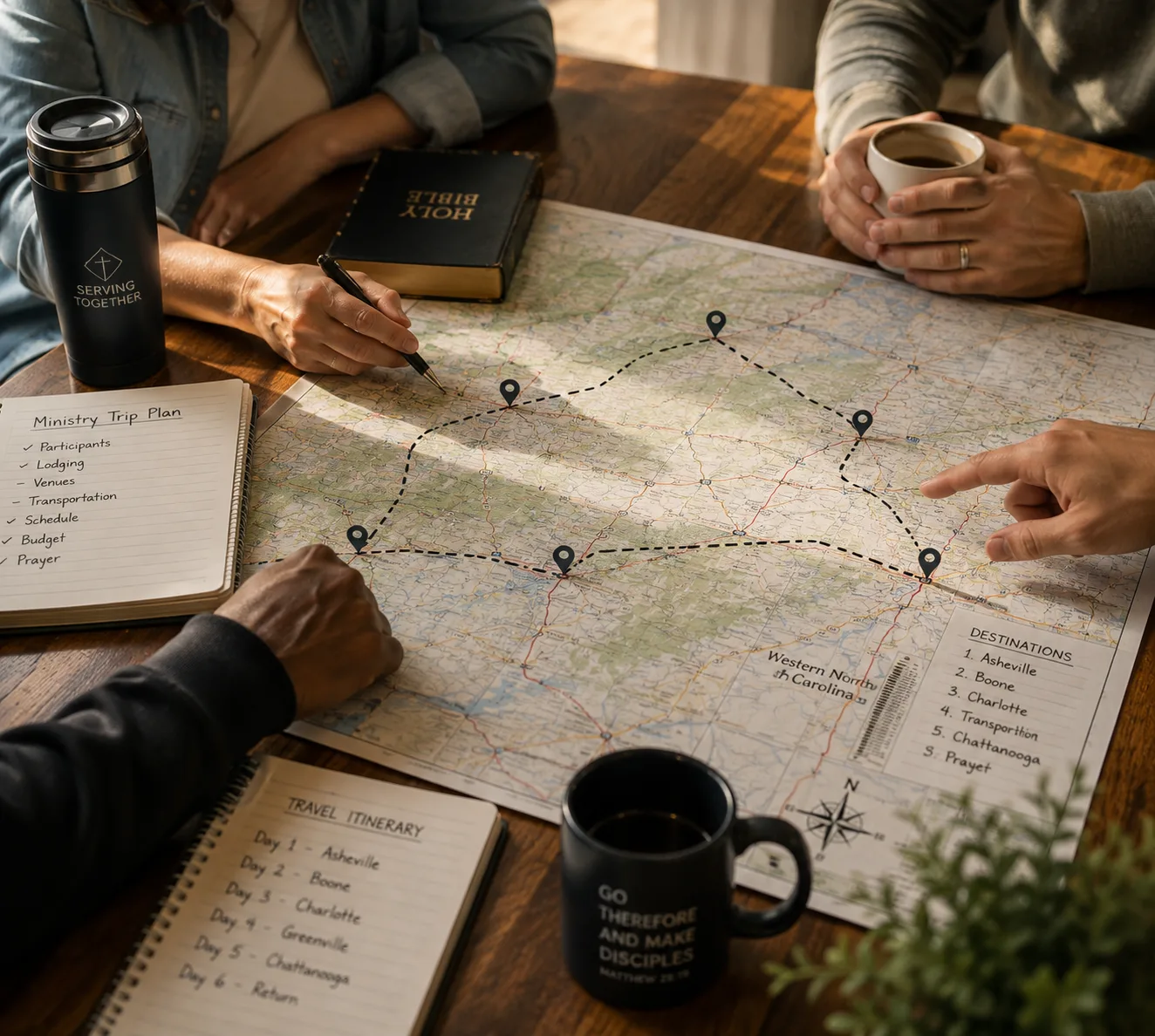 Church group planning a ministry trip over a Western North Carolina map with a multi-stop travel itinerary