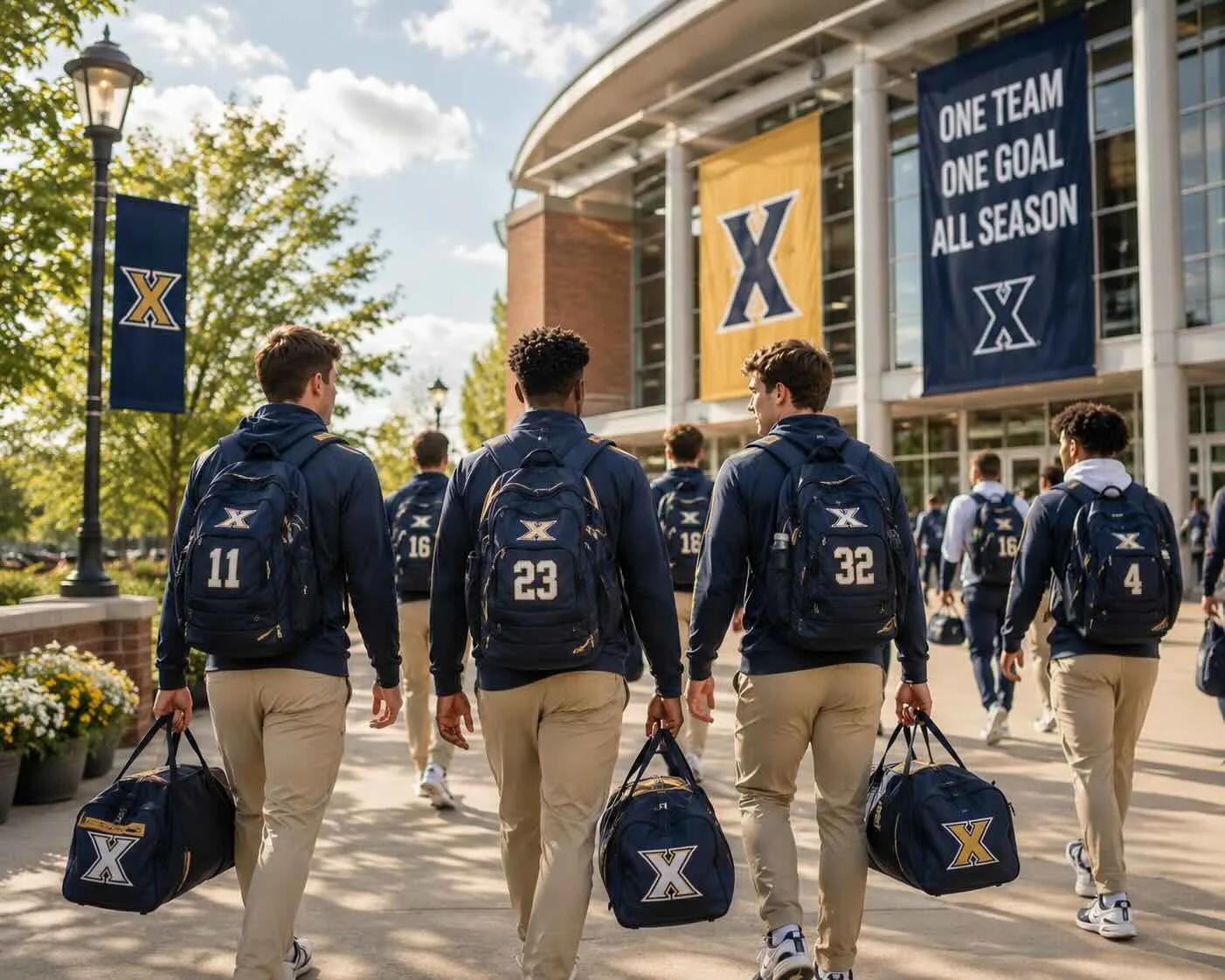 A college team walking across campus with team bags before departure